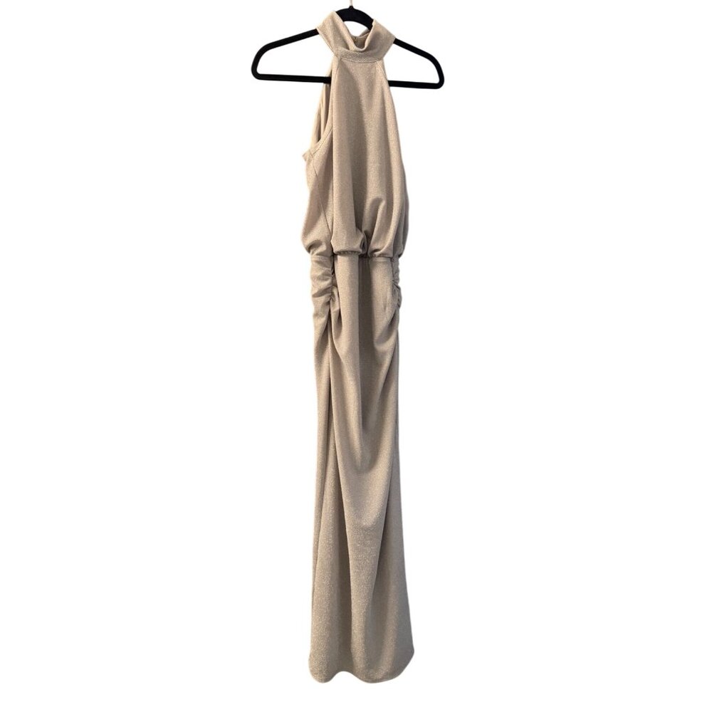 Silver Shimmer Halter Maxi Dress With Ruched Waist & Back Zipper Closure
